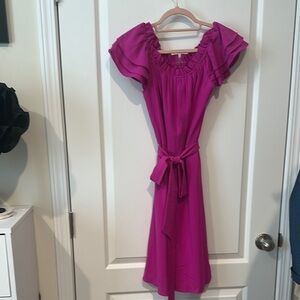 Alex Marie Pink Off-Shoulder Flutter Sleeve Midi Dress